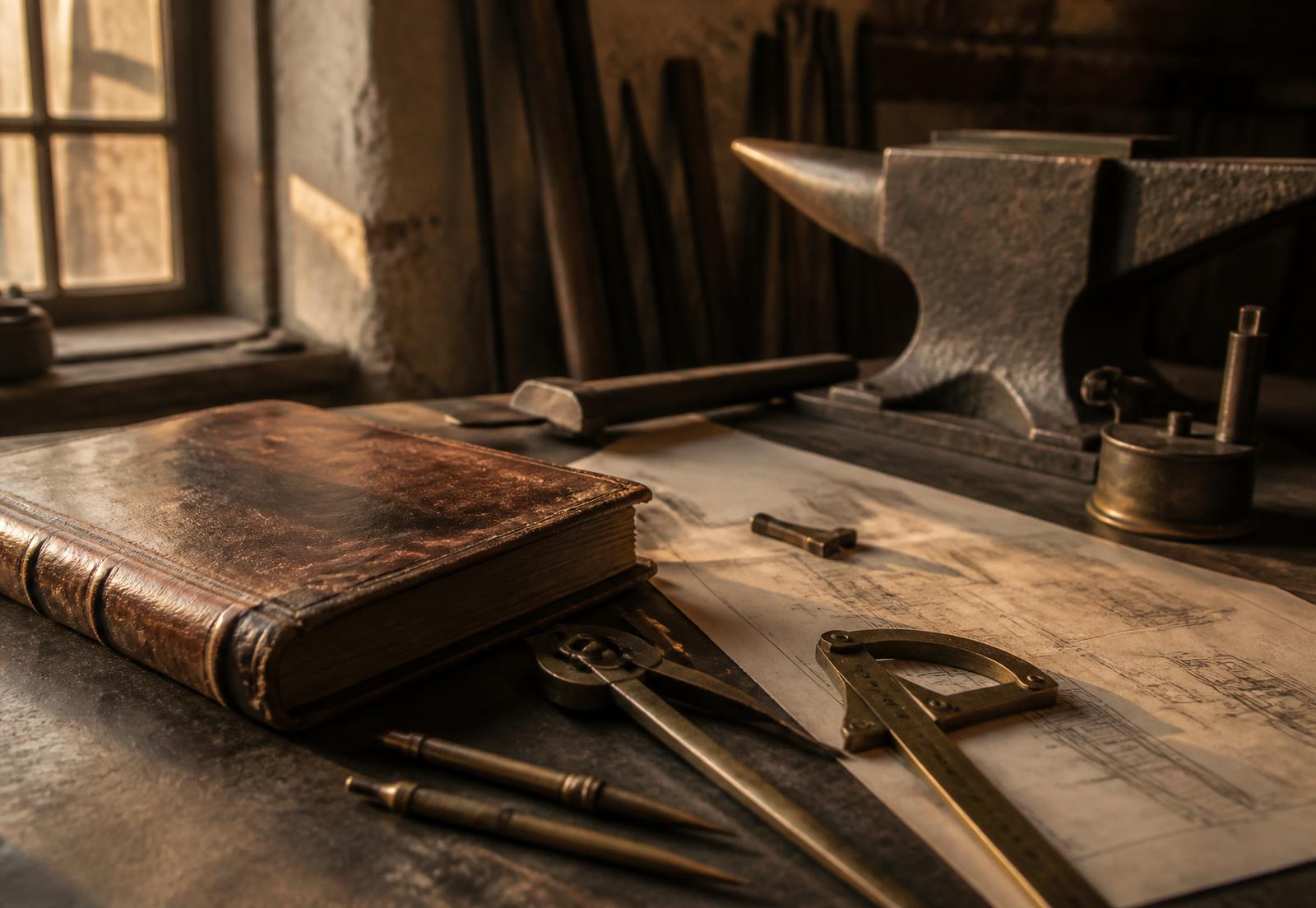 Ledger, drafting compass, blueprints and an anvil on a craftsman's workbench